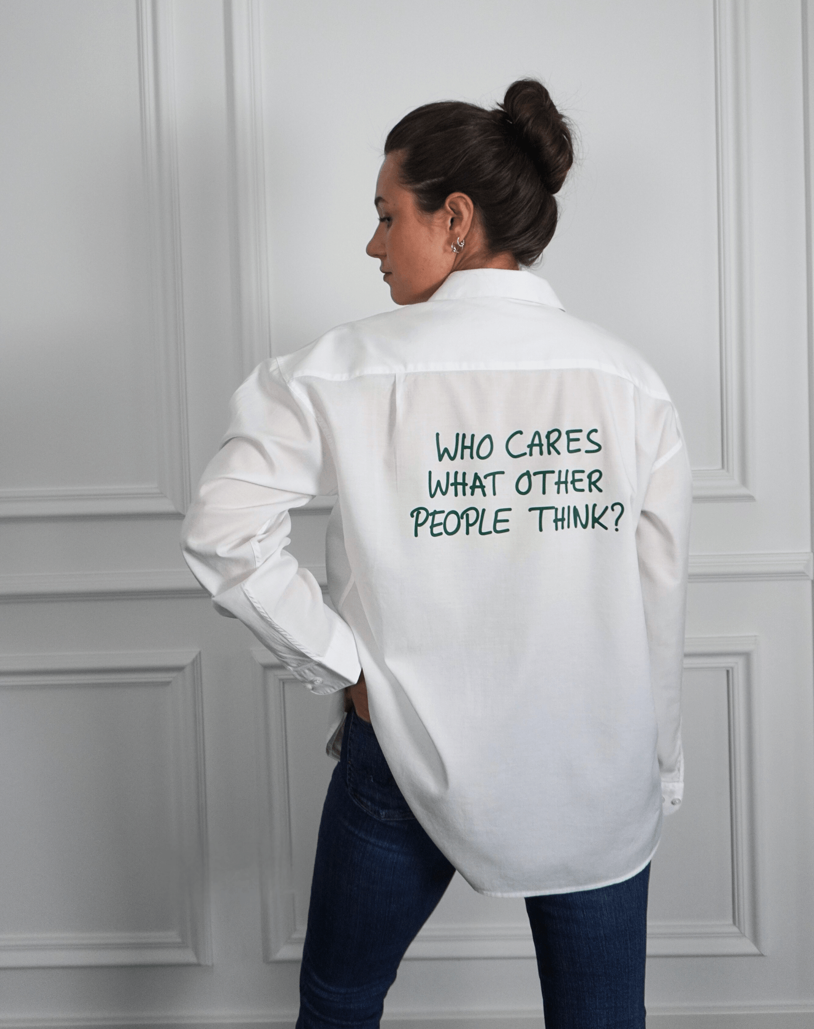 Who cares what other people think? White Shirt (dark green print) - OBLIVIOUS?