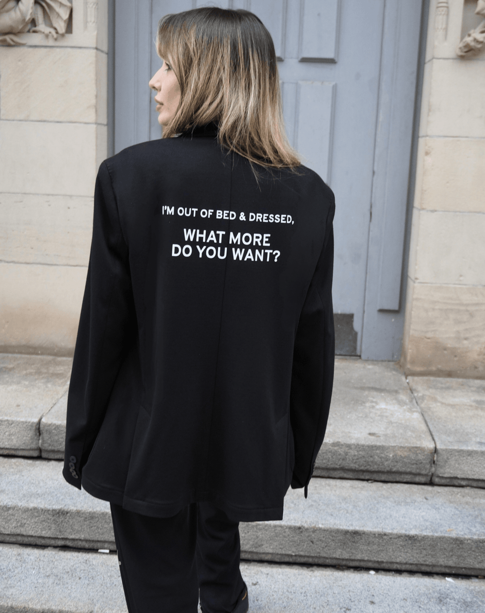 I'm out of bed and dressed, what more do you want? Upcycled Blazer - OBLIVIOUS?