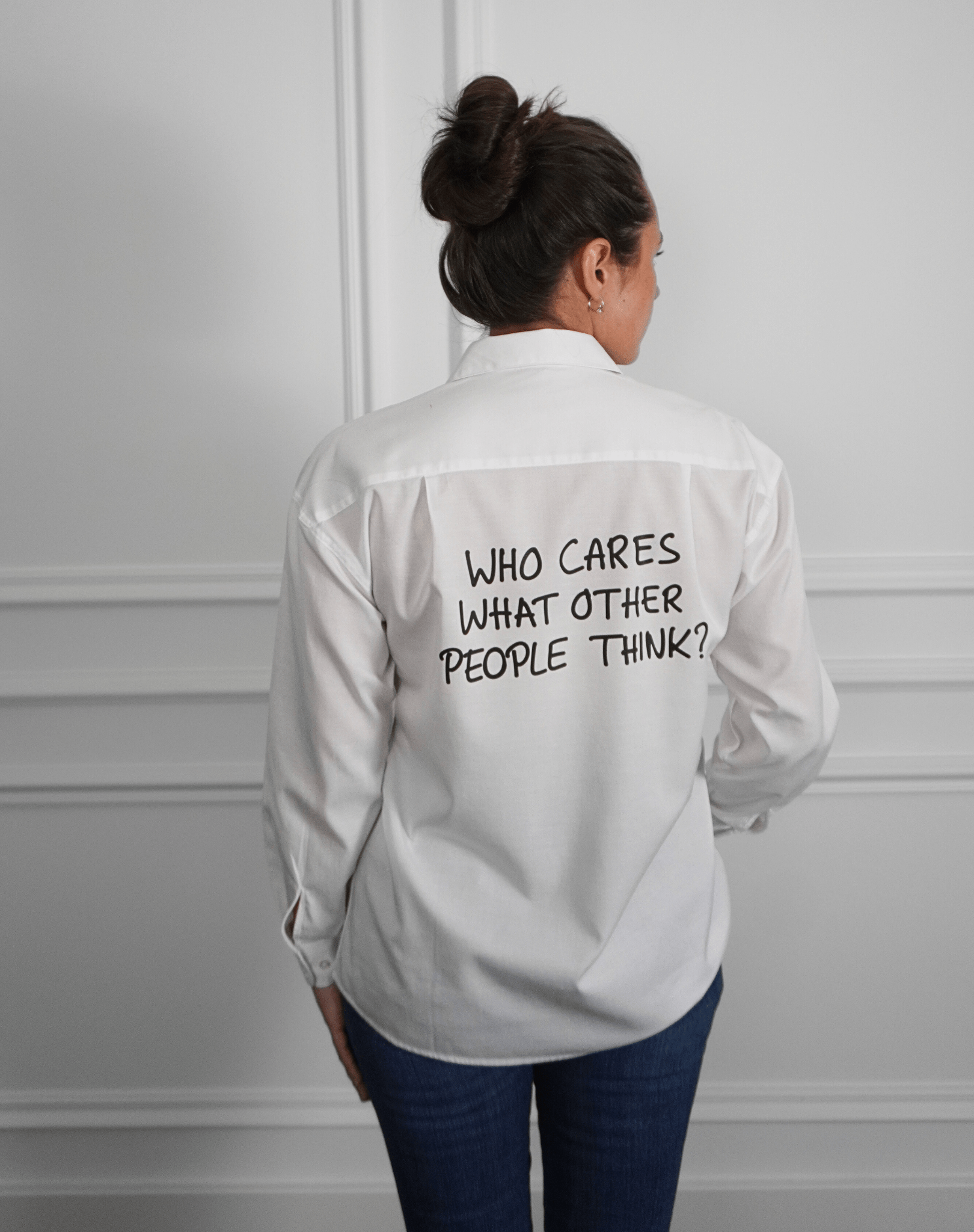 Who cares what other people think? White Shirt (black print) - OBLIVIOUS?